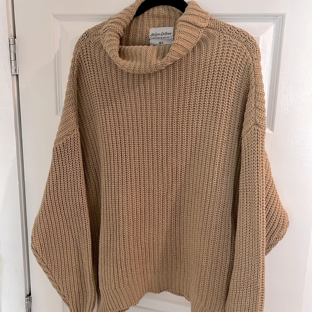 Lily & Lottie Cowl Neck Drop Shoulder Knit Beige Sweater